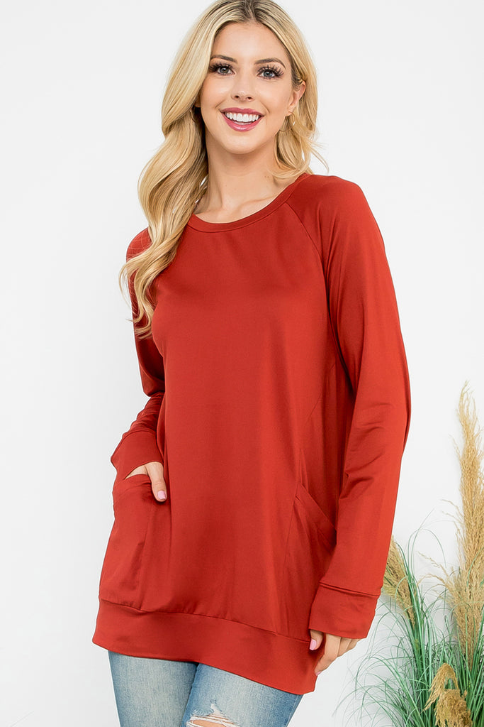 Solid Long Sleeve Front Pocket Top