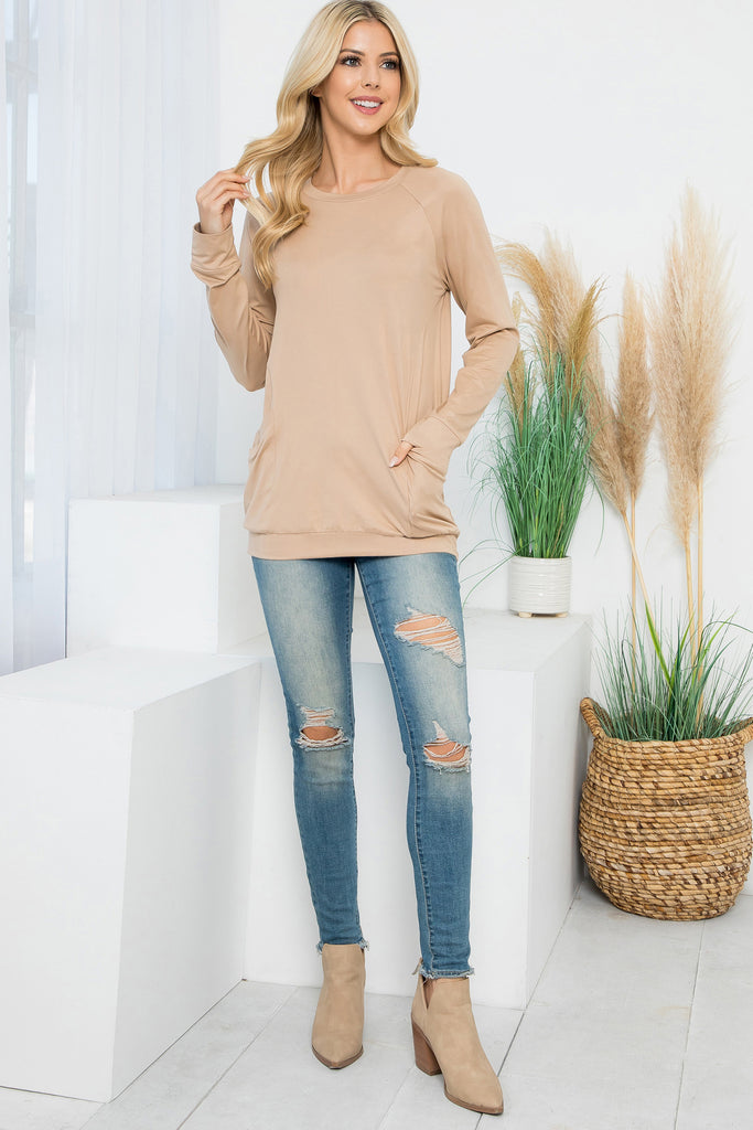 Solid Long Sleeve Front Pocket Top