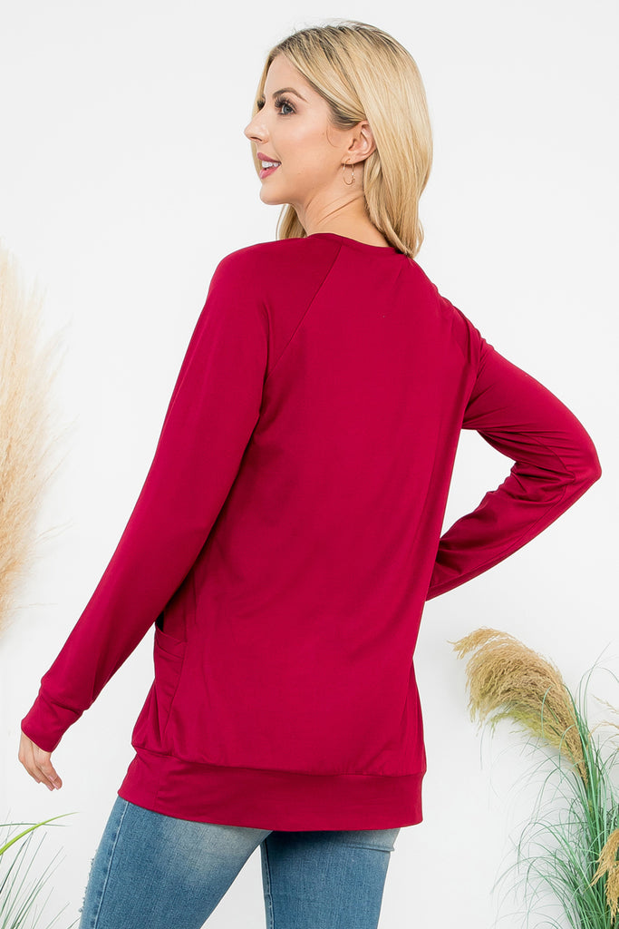 Solid Long Sleeve Front Pocket Top