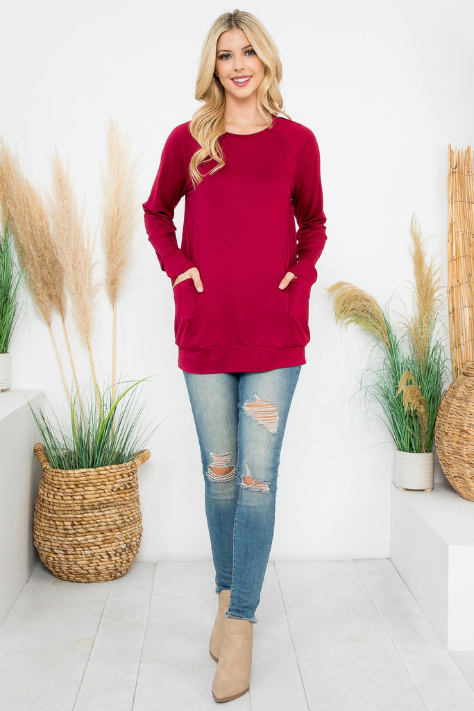 Solid Long Sleeve Front Pocket Top