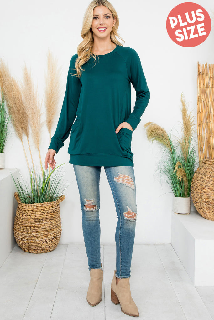 Solid Long Sleeve Front Pocket Top