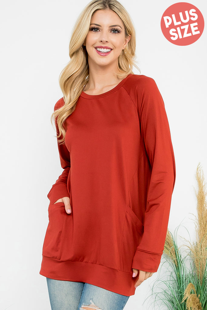 Solid Long Sleeve Front Pocket Top