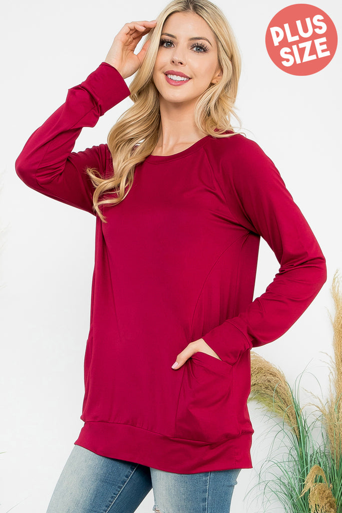 Solid Long Sleeve Front Pocket Top