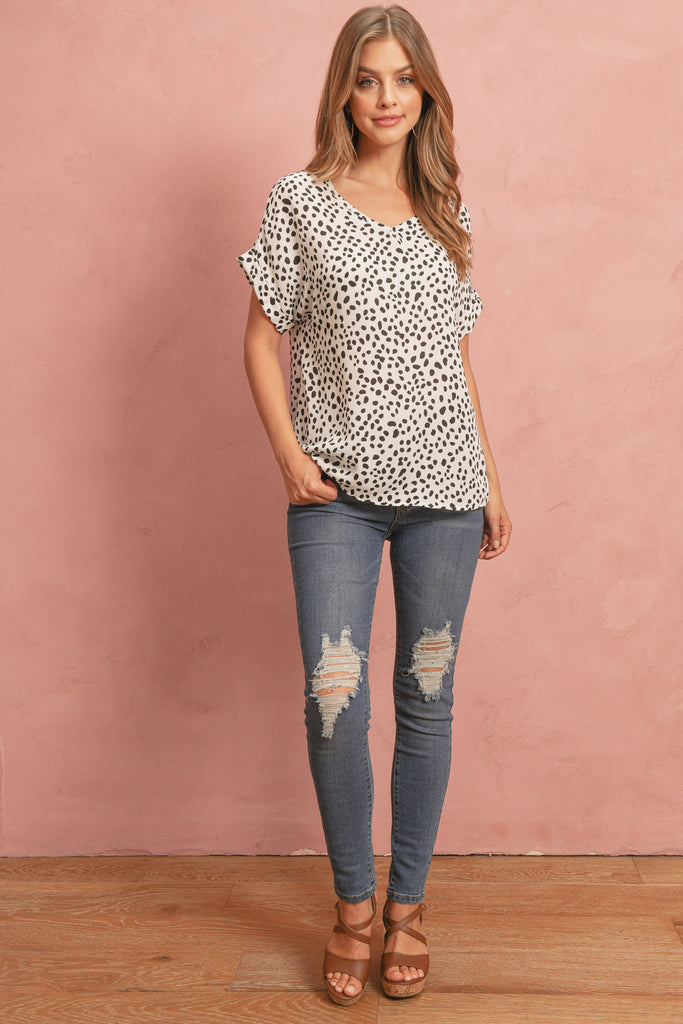 Print Cuff Sleeve Round Neck Blouse