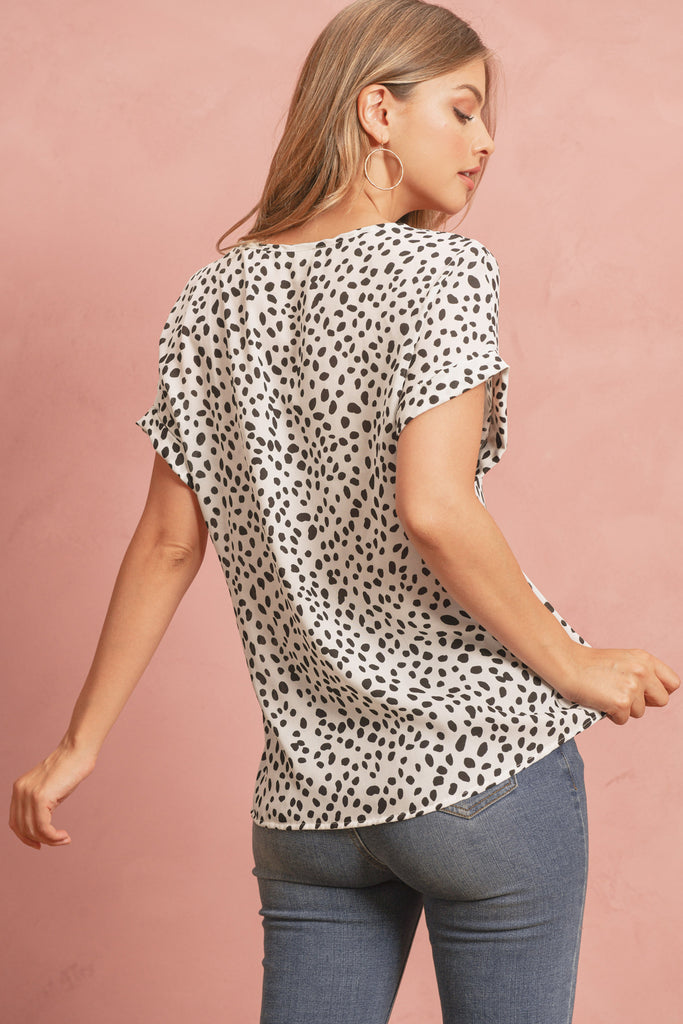 Print Cuff Sleeve Round Neck Blouse