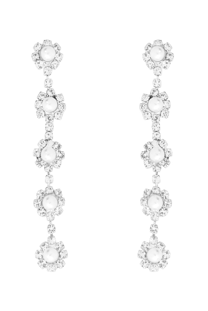 25431 - RHINESTONE PEARL FIVE FLOWER DROP LINKED EARRINGS