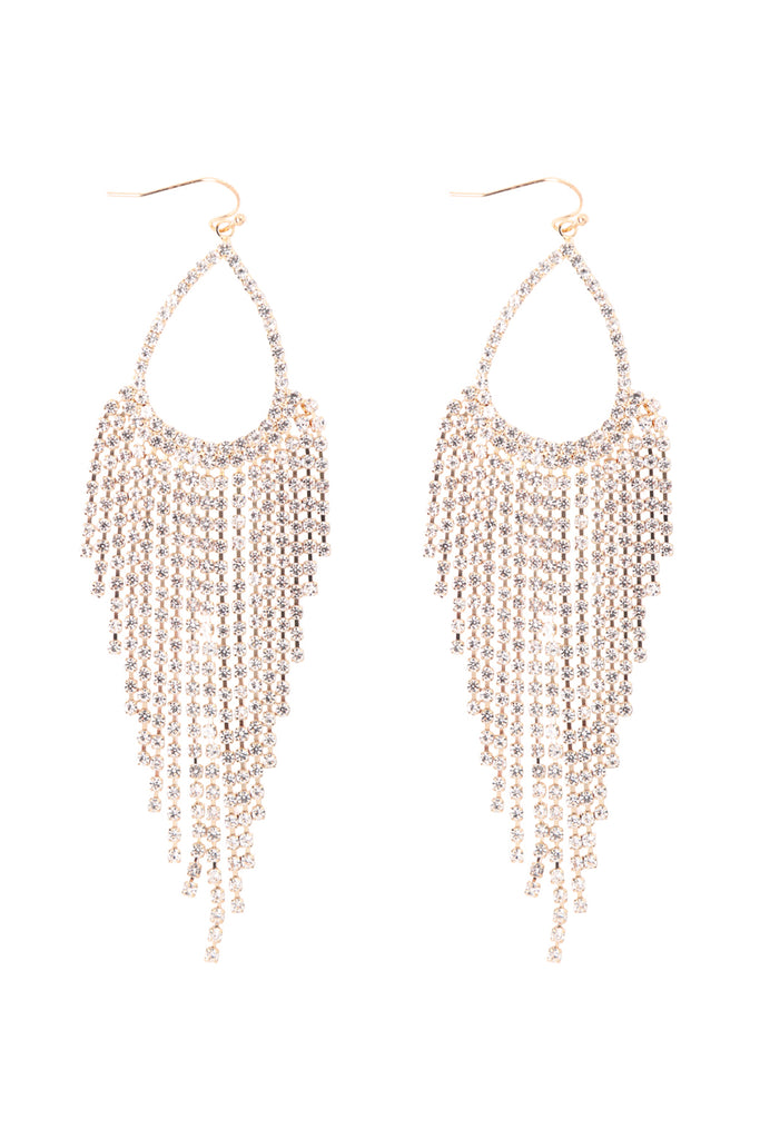 RHINESTONE TEARDROP FRINGE FISH HOOK EARRINGS