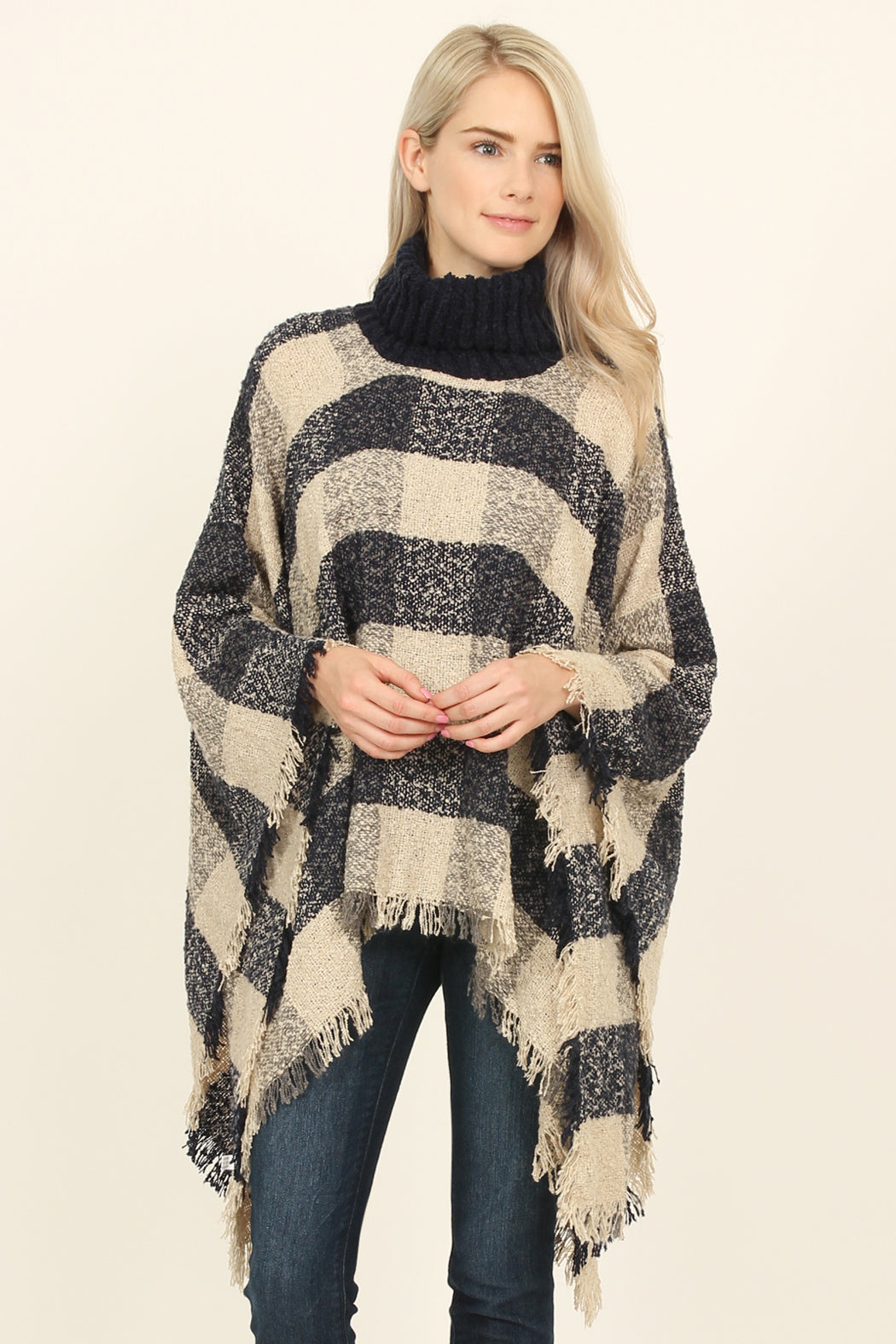 Turtle Neck Plaid Sweater Poncho – Riah Fashion