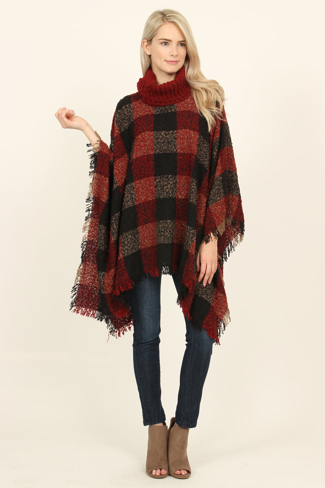 Turtle Neck Plaid Sweater Poncho – Riah Fashion