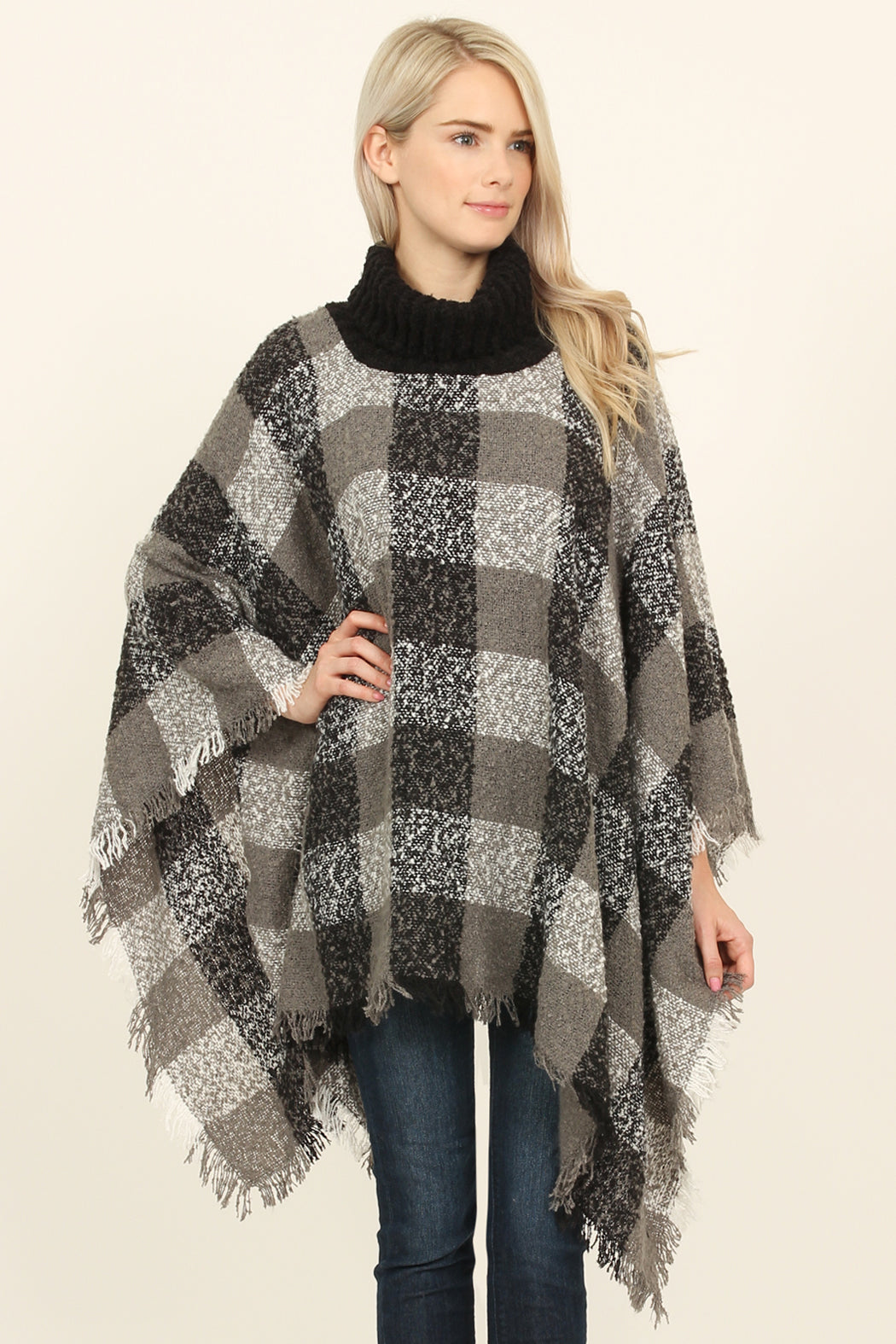 Turtle Neck Plaid Sweater Poncho – Riah Fashion