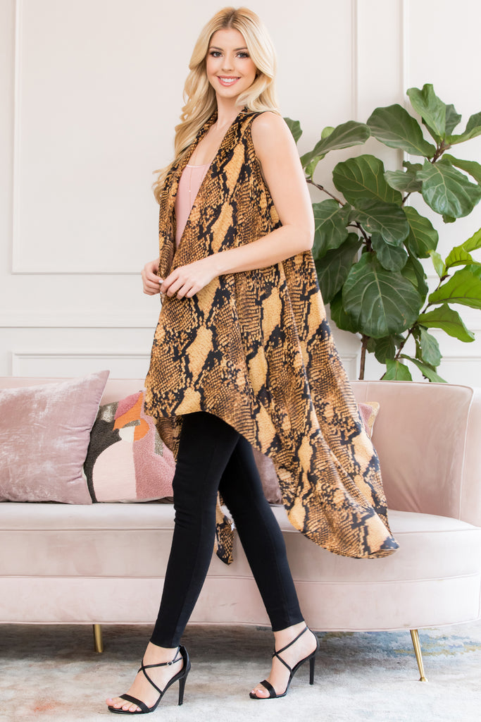 BROWN SNAKE SKIN PRINT OPEN FRONT KIMONO