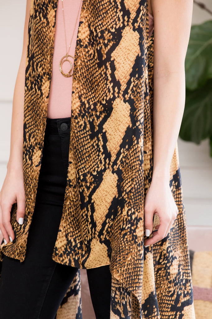 BROWN SNAKE SKIN PRINT OPEN FRONT KIMONO