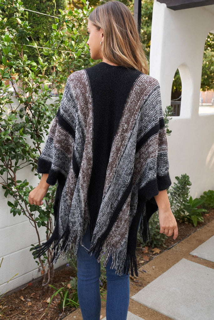 KNIT STRIPE FRINGE RUANA KIMONO