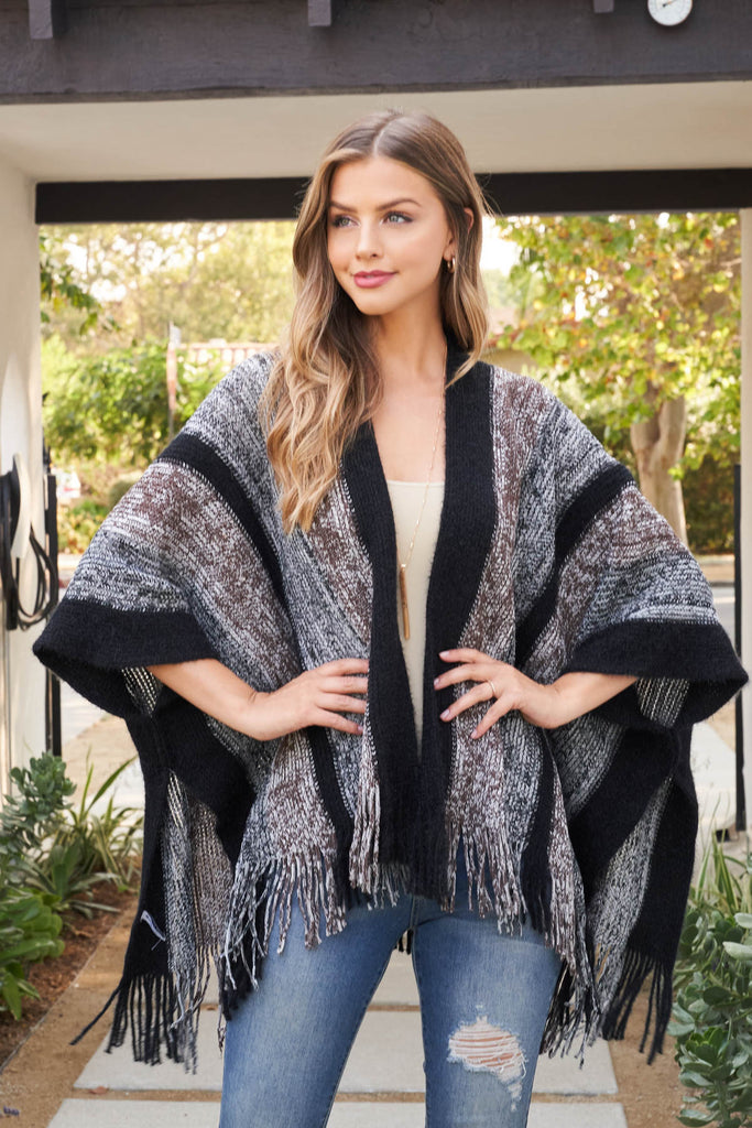 KNIT STRIPE FRINGE RUANA KIMONO