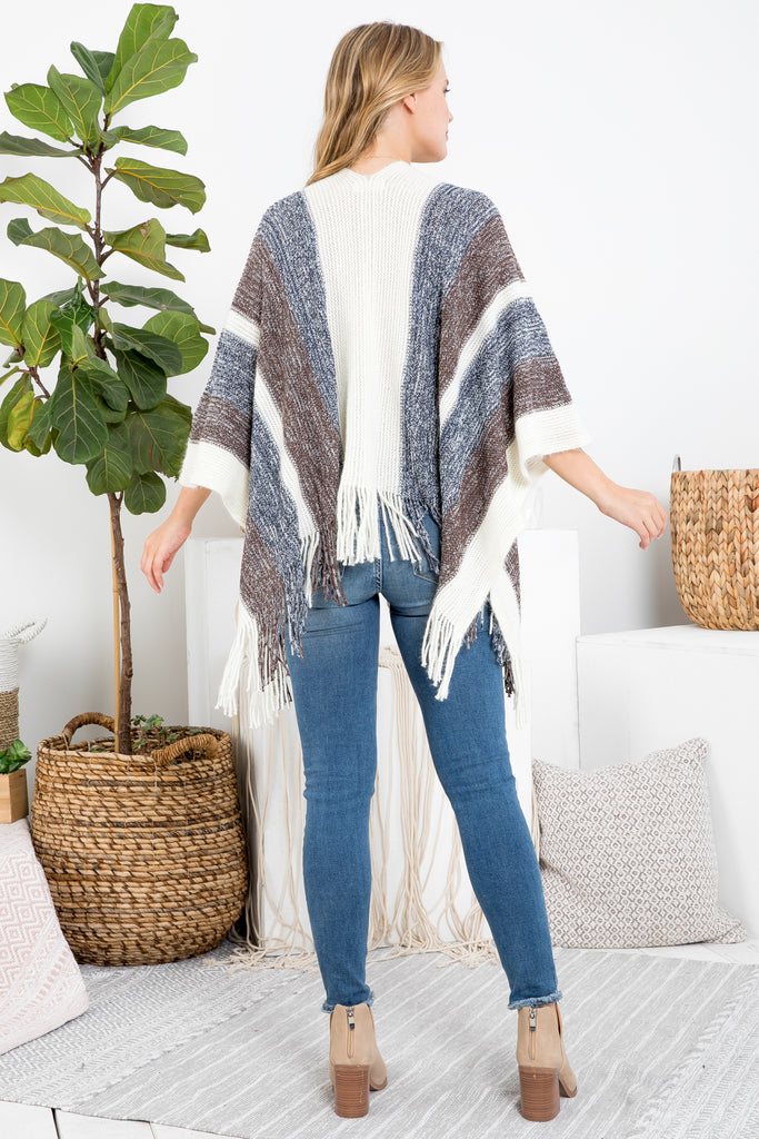 KNIT STRIPE FRINGE RUANA KIMONO