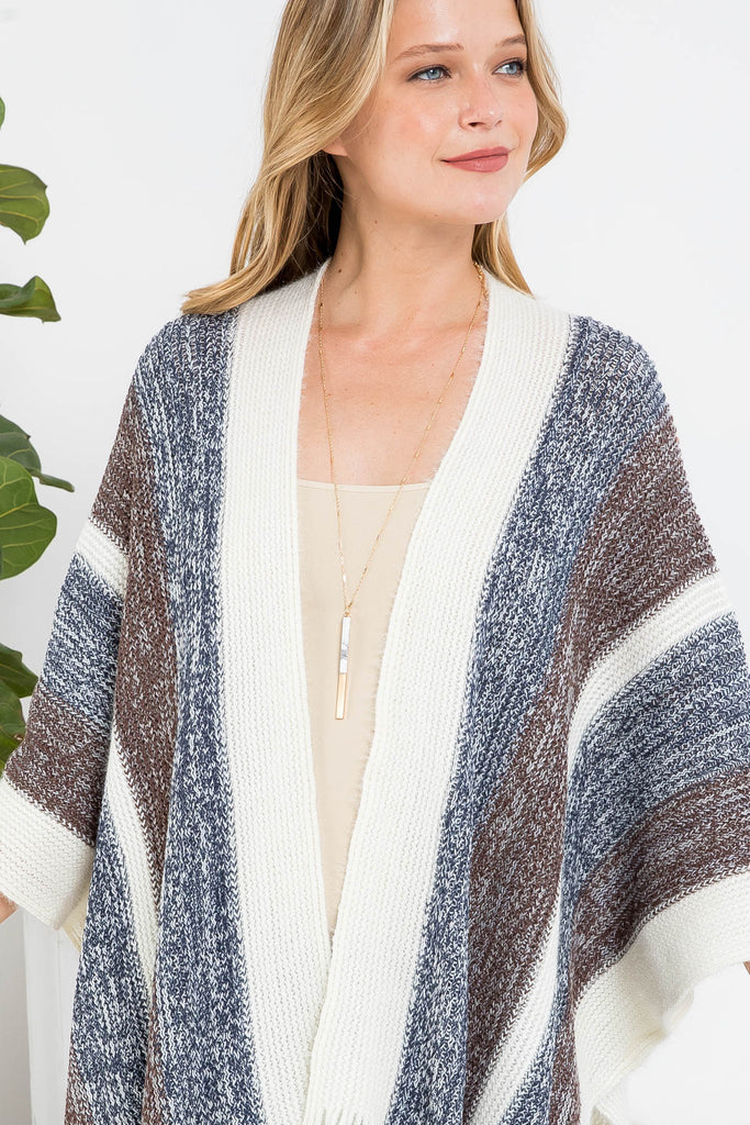 KNIT STRIPE FRINGE RUANA KIMONO