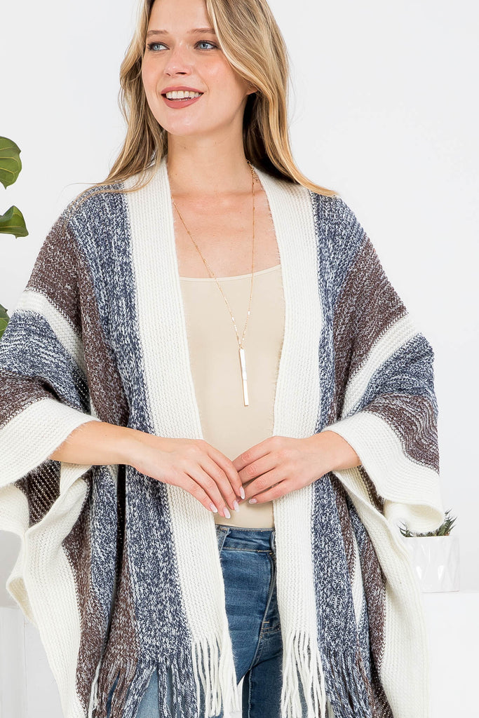 KNIT STRIPE FRINGE RUANA KIMONO