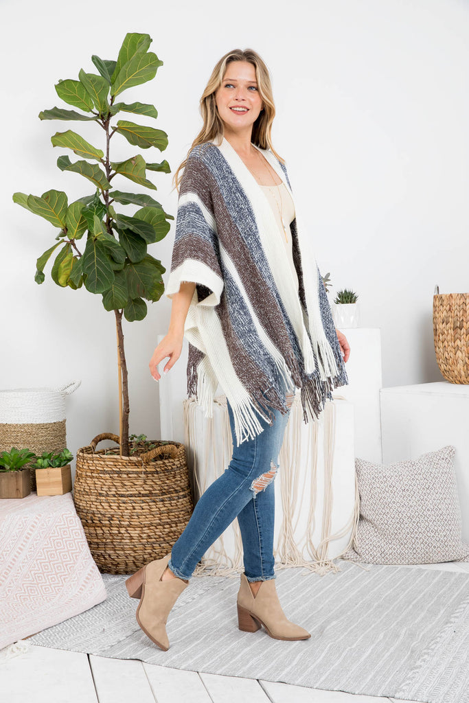 KNIT STRIPE FRINGE RUANA KIMONO