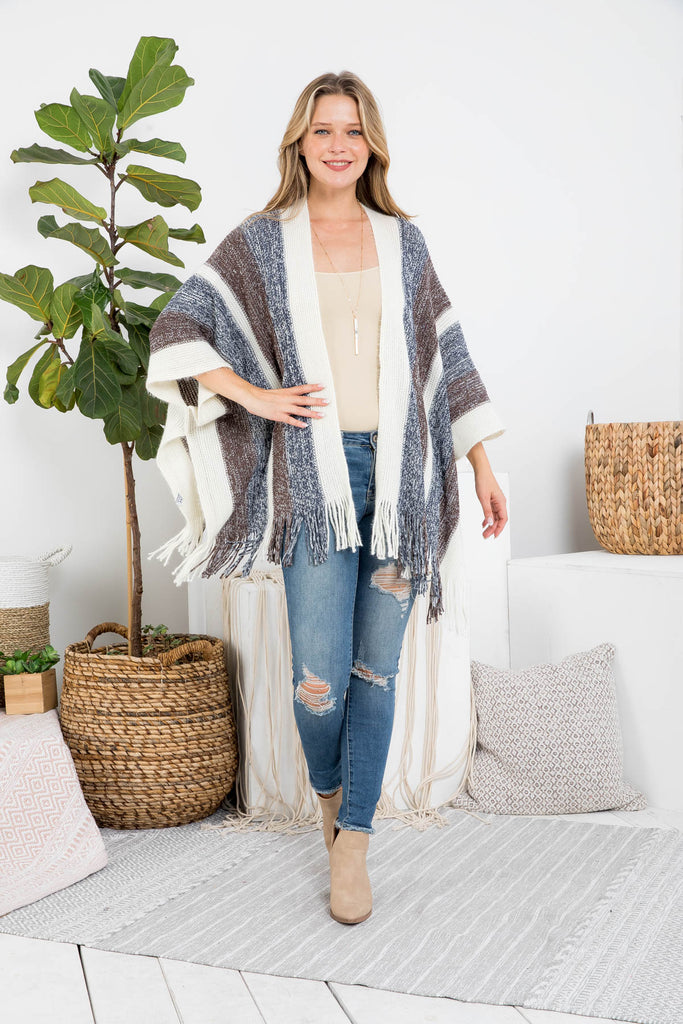 KNIT STRIPE FRINGE RUANA KIMONO