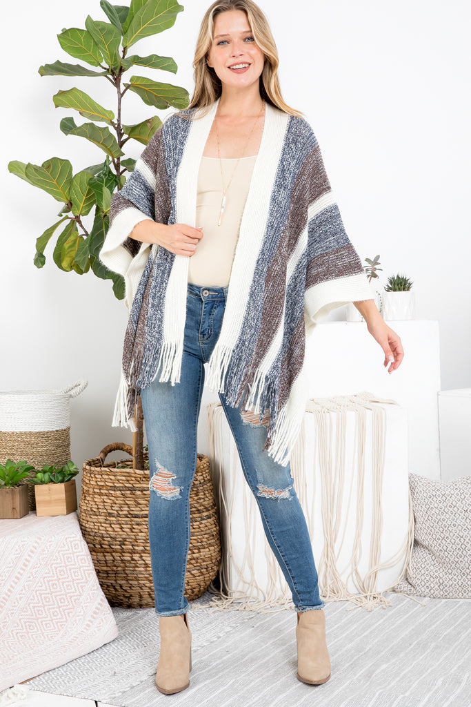 KNIT STRIPE FRINGE RUANA KIMONO