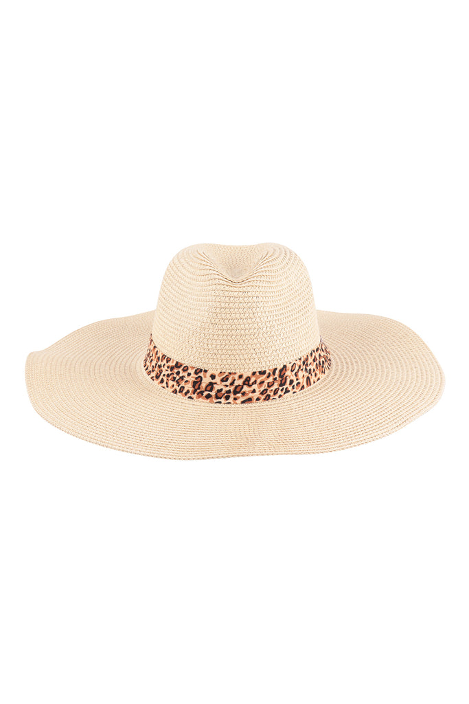 FLOPPY BRIM SUMMER HAT WITH LEOPARD STRAP ACCENT