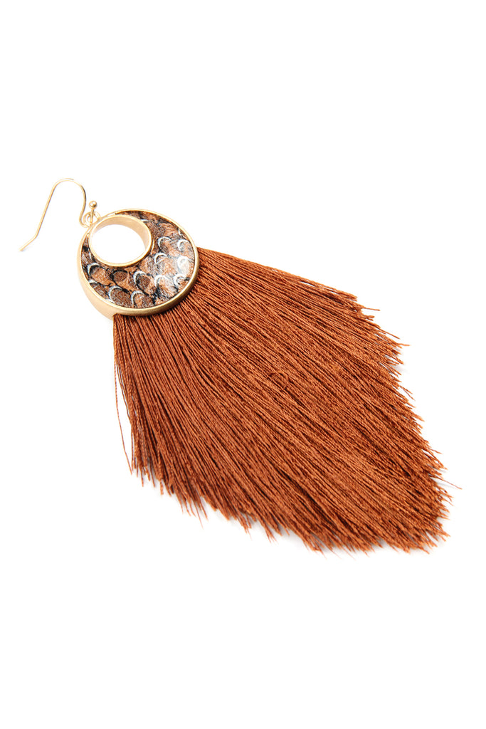 CRESCENT SHAPE SNAKE PRINT TASSEL EARRINGS