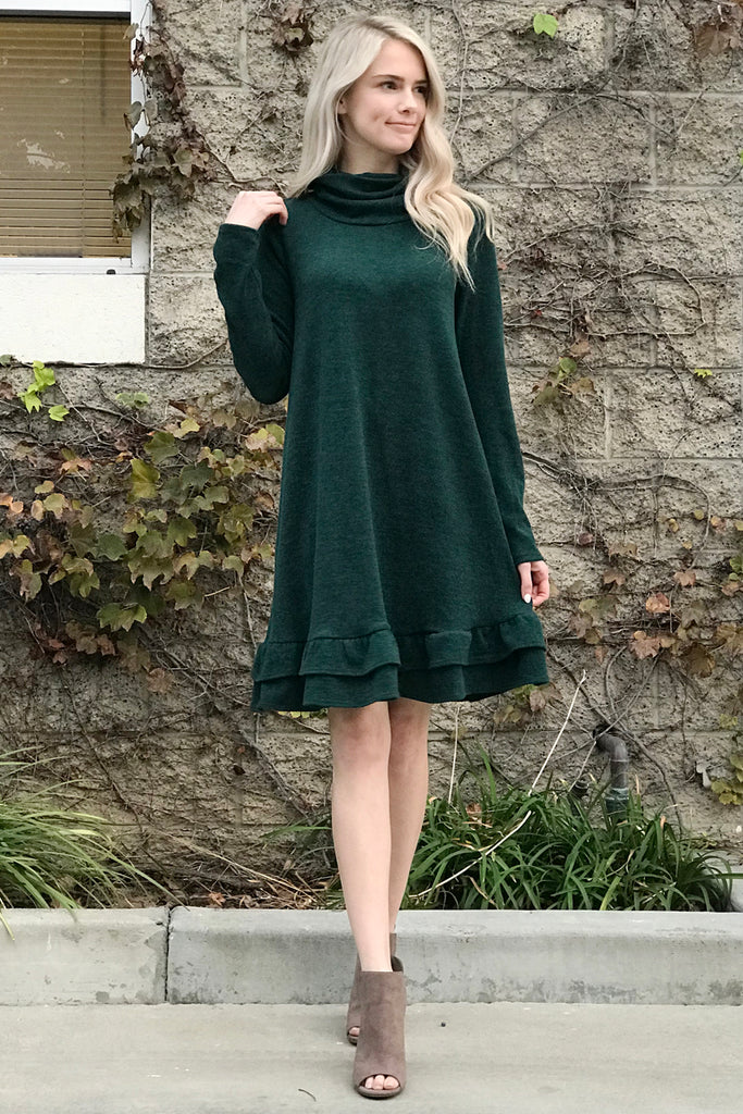 Turtle Neck Long Sleeve Double Layer Ruffle Border Dress