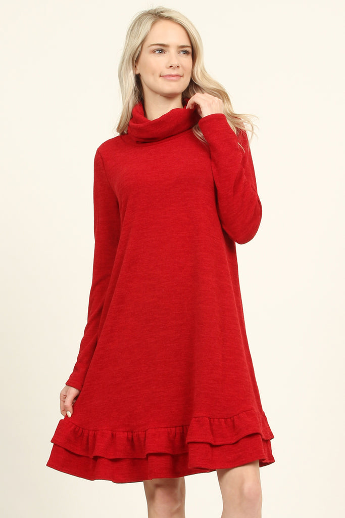 Turtle Neck Long Sleeve Double Layer Ruffle Border Dress