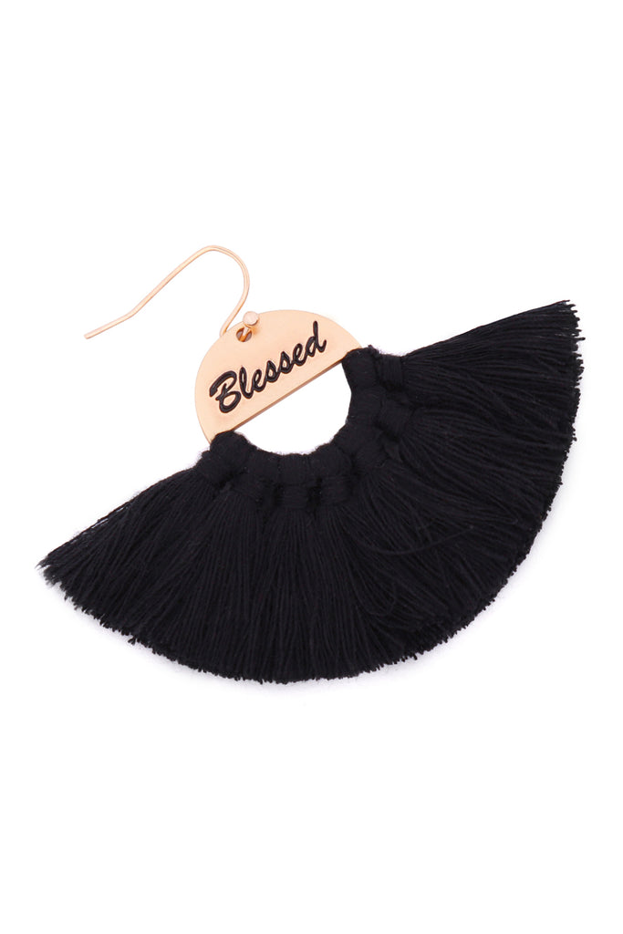 MYE1419 - "BLESSED" ETCHED FAN TASSEL EARRINGS