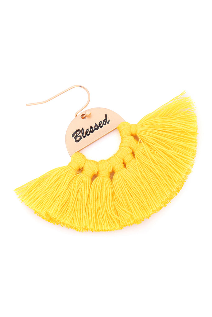 MYE1419 - "BLESSED" ETCHED FAN TASSEL EARRINGS