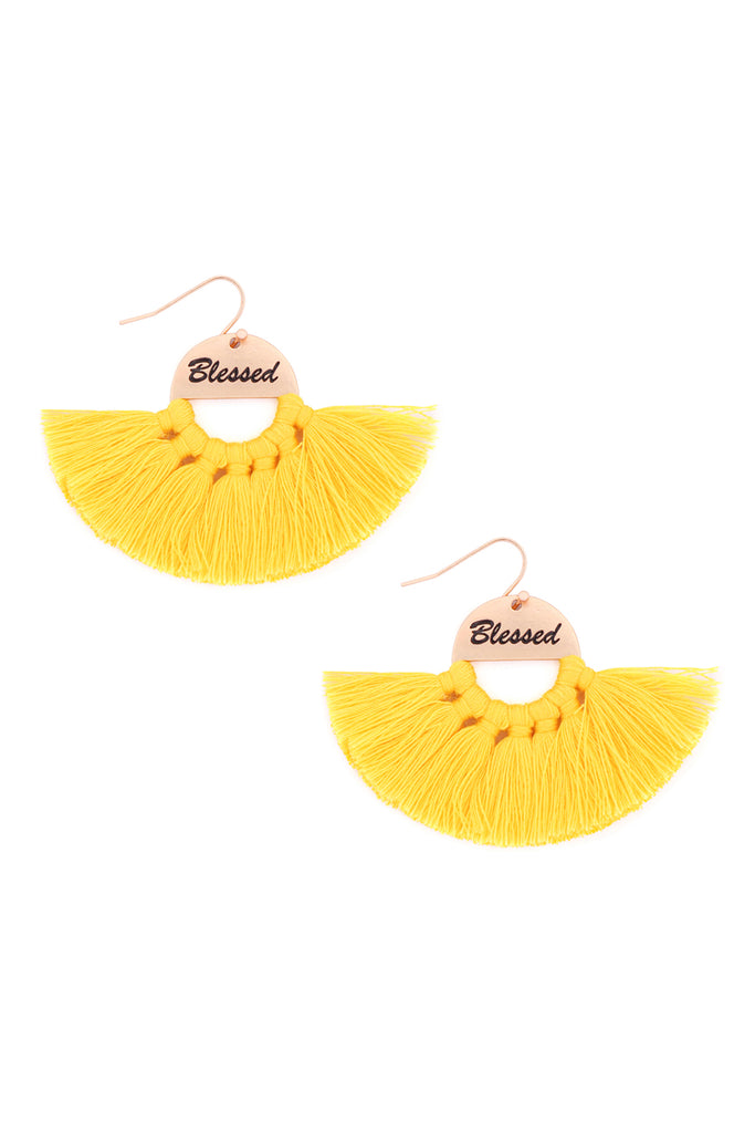 MYE1419 - "BLESSED" ETCHED FAN TASSEL EARRINGS