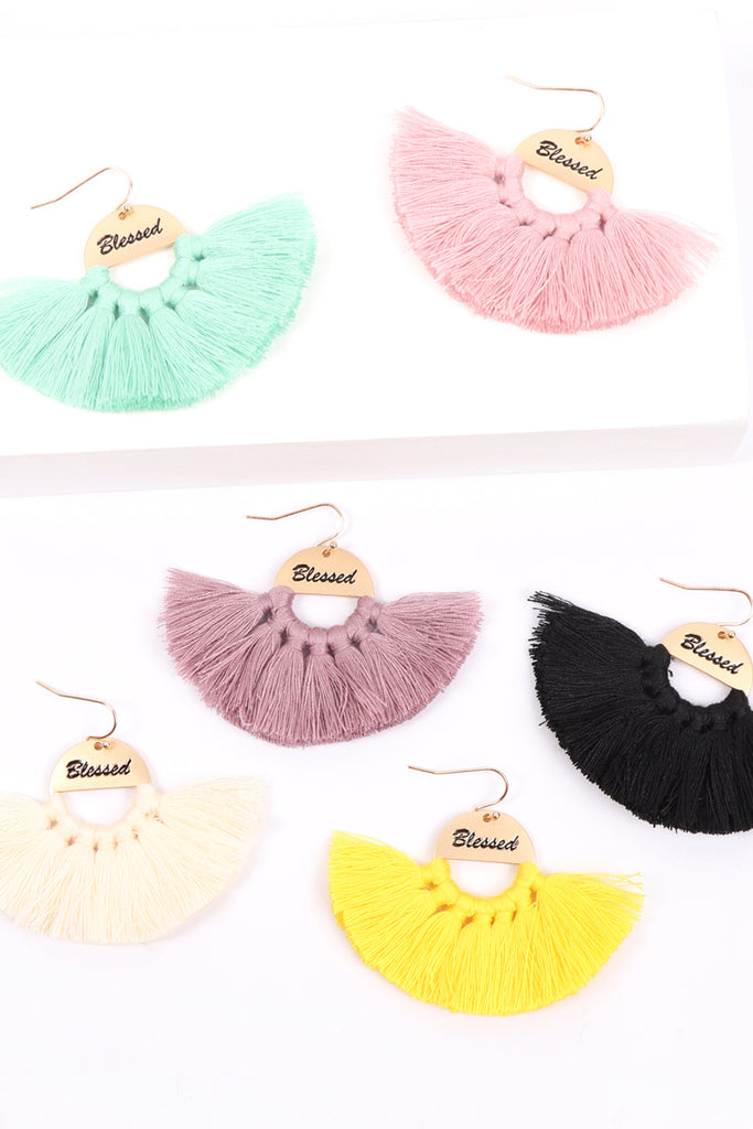 MYE1419 - "BLESSED" ETCHED FAN TASSEL EARRINGS