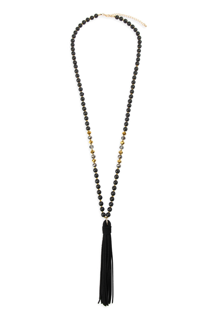 BEADED NECKLACE WITH LEATHER TASSEL