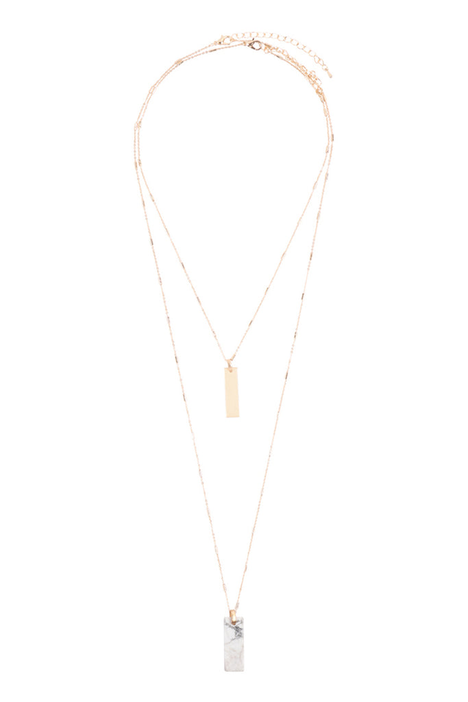 MYN1338 - 2 LAYERED BAR METAL STONE PENDANT NECKLACE