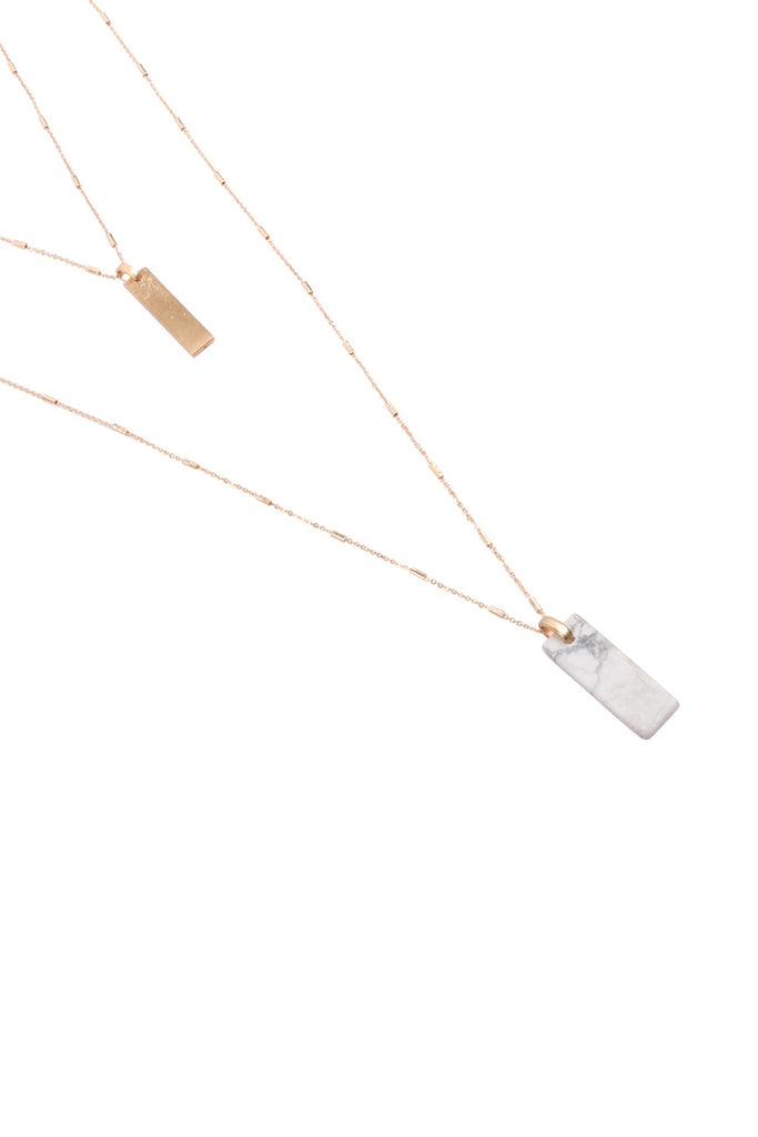 MYN1338 - 2 LAYERED BAR METAL STONE PENDANT NECKLACE