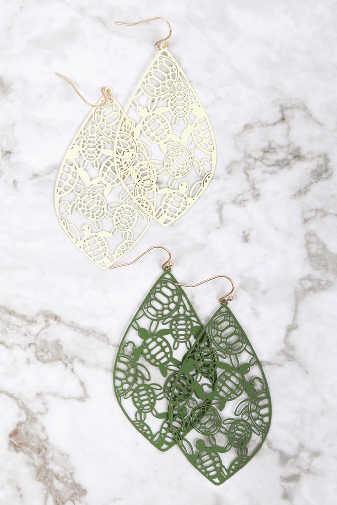 TURTLE FILIGREE LEAF SHAPE FISH HOOK EARRINGS