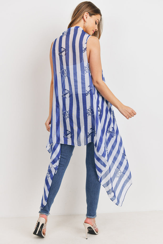 PN222X100 - PRINTED STRIPE BLUE SHEEP WHEEL KIMONO VEST