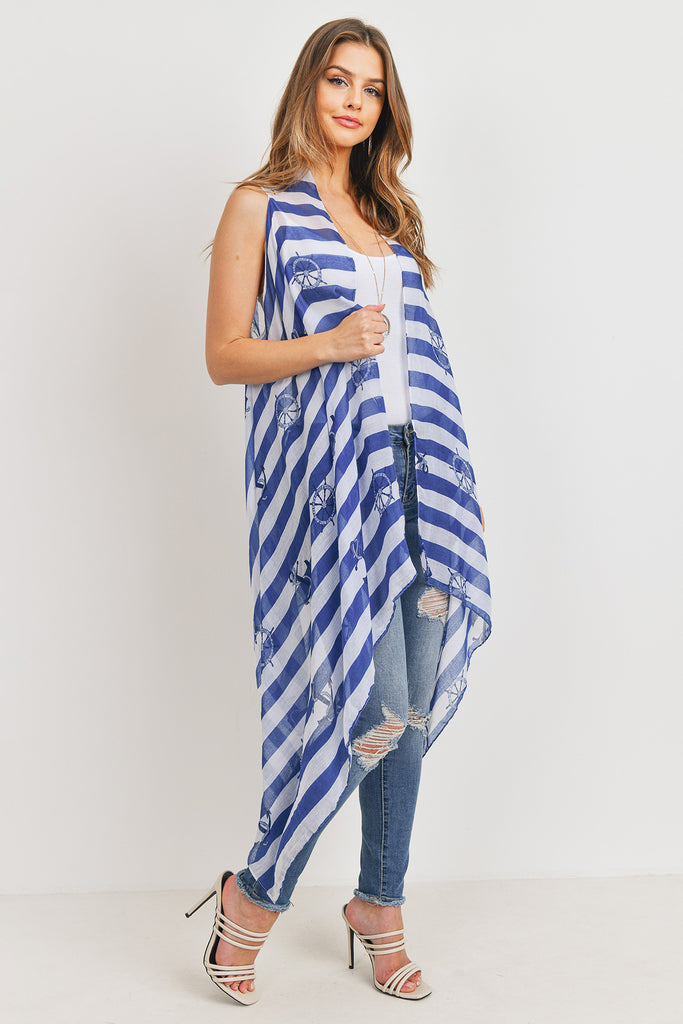 PN222X100 - PRINTED STRIPE BLUE SHEEP WHEEL KIMONO VEST