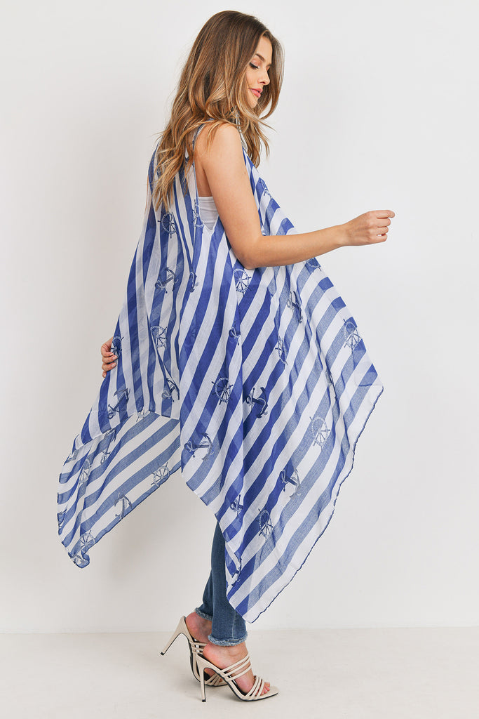 PN222X100 - PRINTED STRIPE BLUE SHEEP WHEEL KIMONO VEST