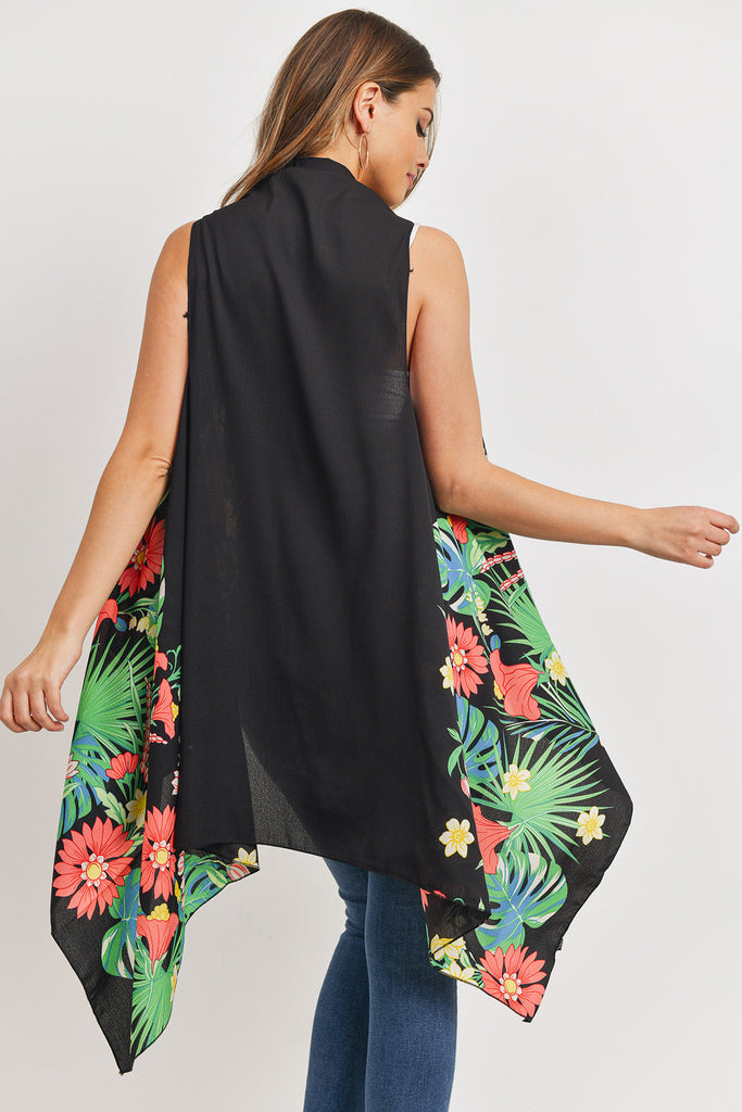 PN328X021G - BLACK OPEN FRONT FLORAL PRINT KIMONO VEST