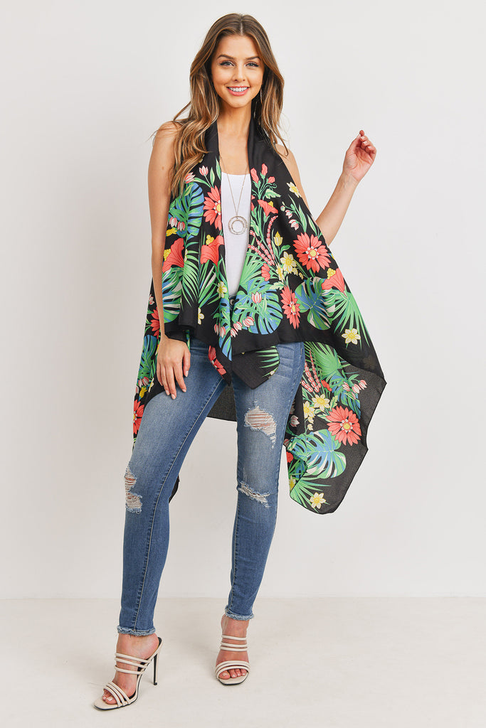 PN328X021G - BLACK OPEN FRONT FLORAL PRINT KIMONO VEST