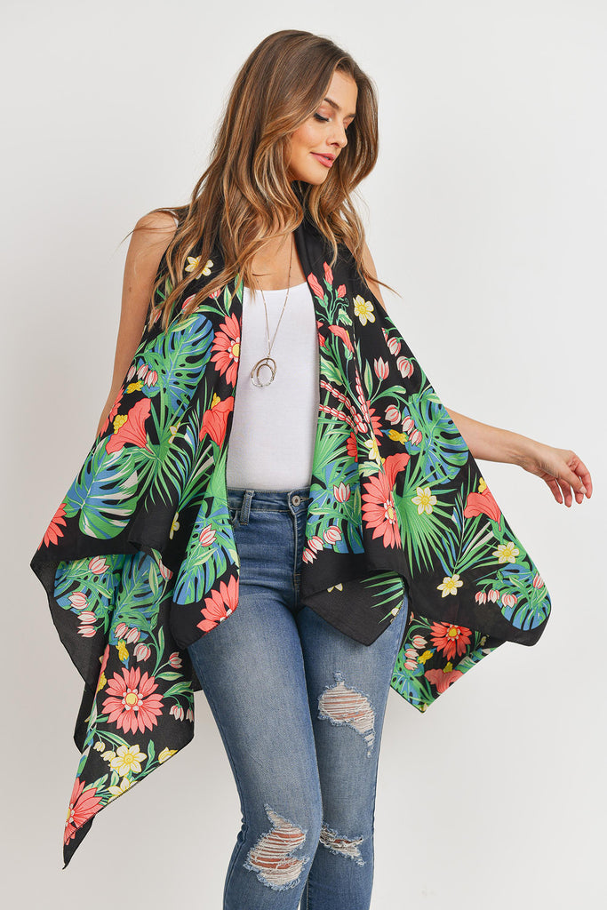 PN328X021G - BLACK OPEN FRONT FLORAL PRINT KIMONO VEST