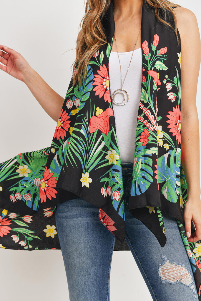 PN328X021G - BLACK OPEN FRONT FLORAL PRINT KIMONO VEST