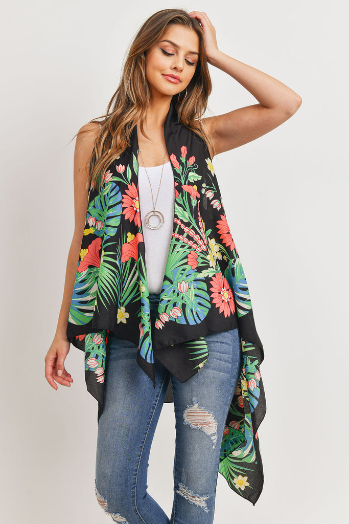 PN328X021G - BLACK OPEN FRONT FLORAL PRINT KIMONO VEST