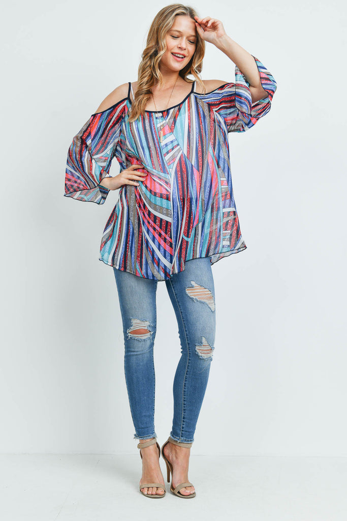 PN367X006 - STRIPED PRINTED OFF SHOULDER KIMONO