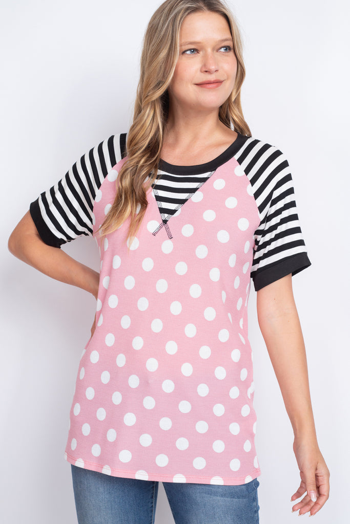 Thermal Polka Stripes Neck and Sleeve Top