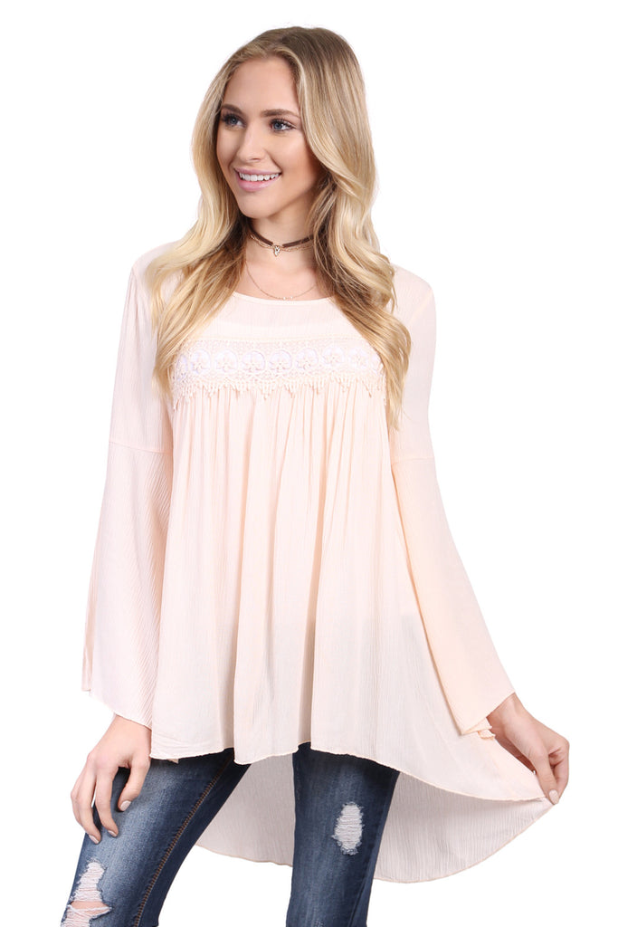 Lace Detail Chest Bell Sleeve High-Low Tunic