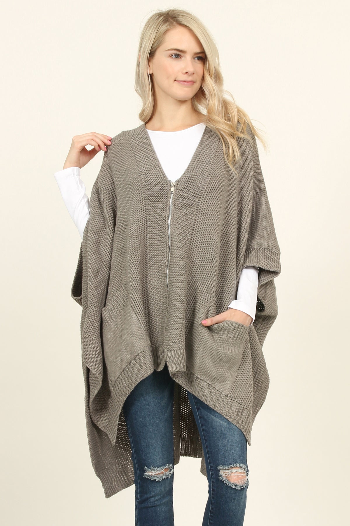 Zip Dolman Sleeve Pocket Poncho – Riah Fashion