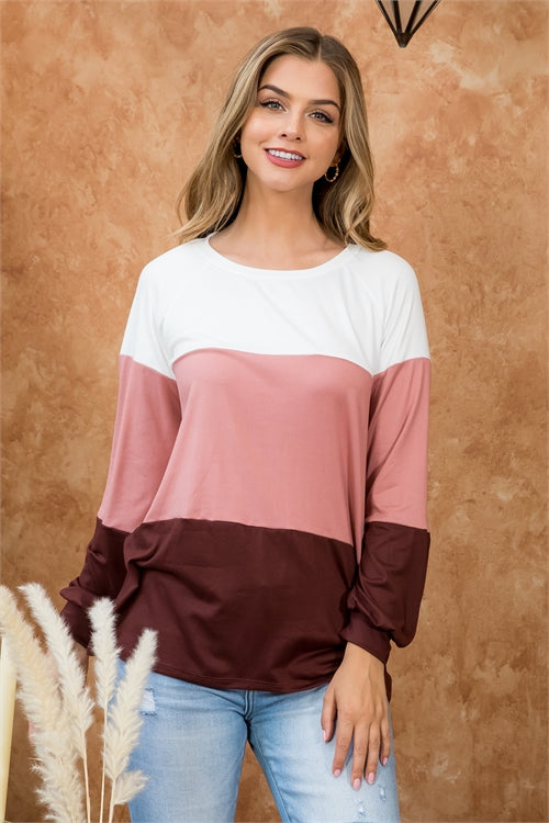 Round Neck Puff Sleeve Color Block Top