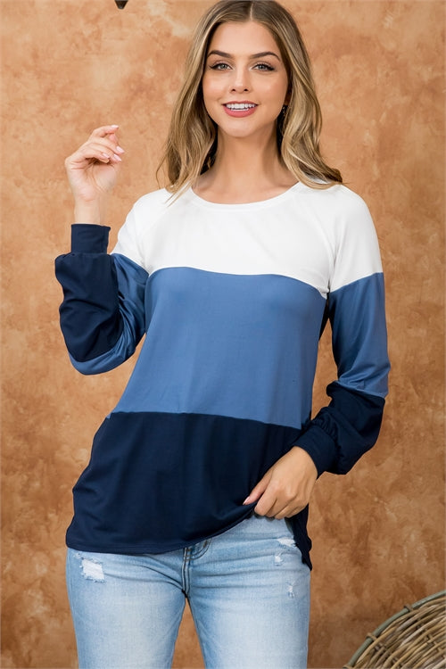 Round Neck Puff Sleeve Color Block Top